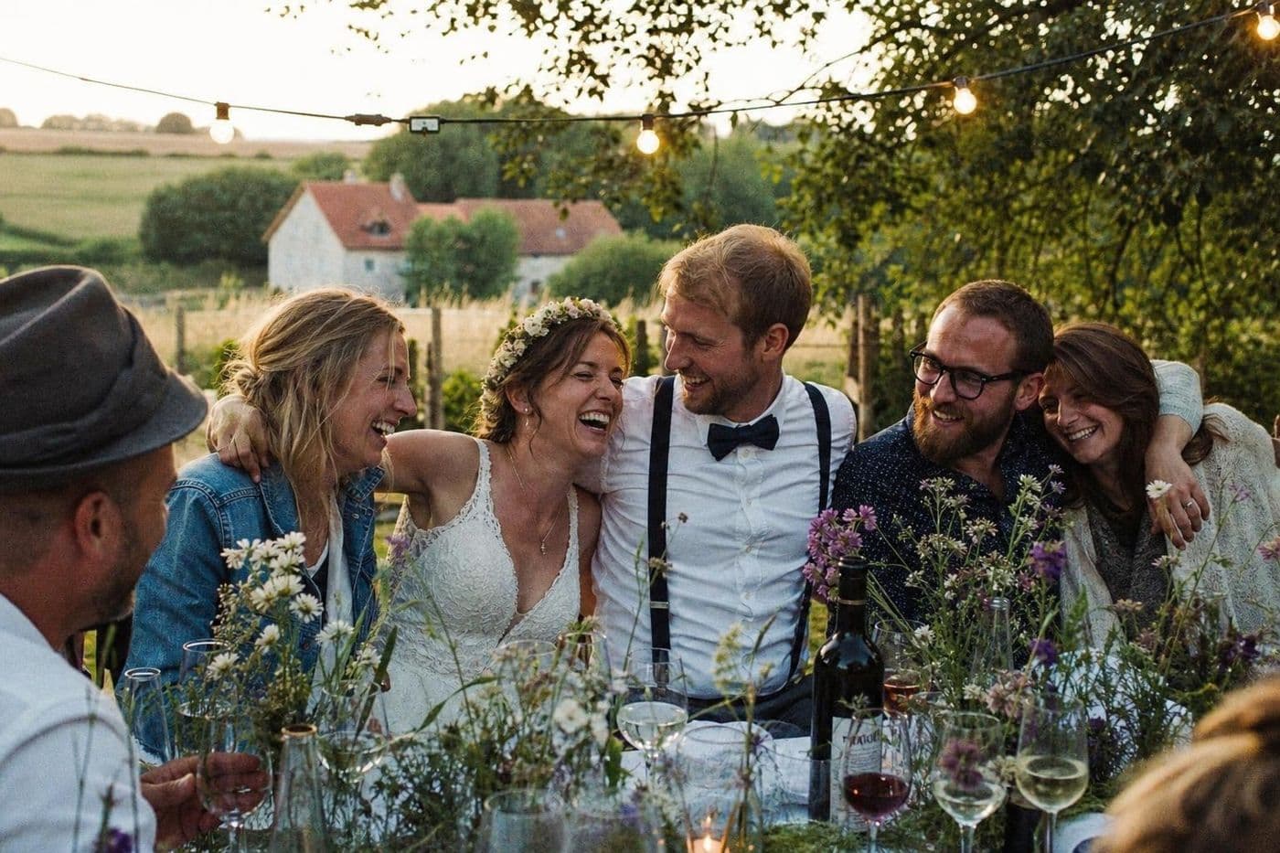 Brautpaar lacht Arm in Arm mit Freunden an einer langen Gartentafel bei Sonnenuntergang